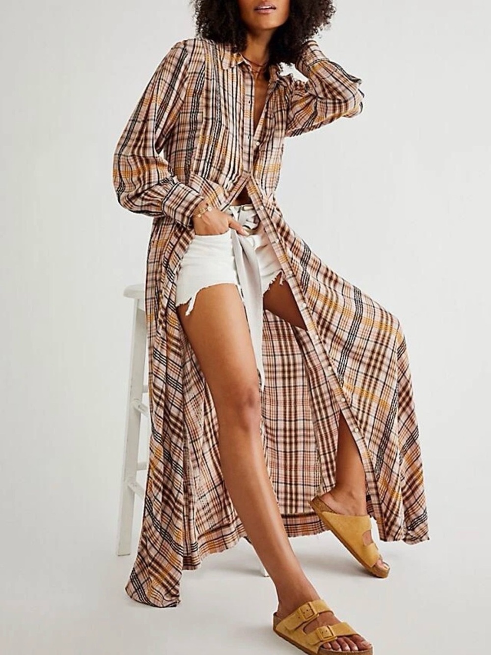 Free People Sadie Plaid Maxi Dress Button Front Duster Size S